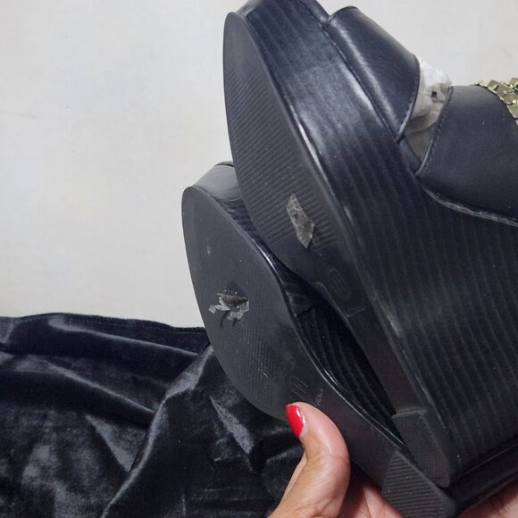 Black Gold Platform Open Toe Wedge Heels Size 8 - Picture 7 of 7